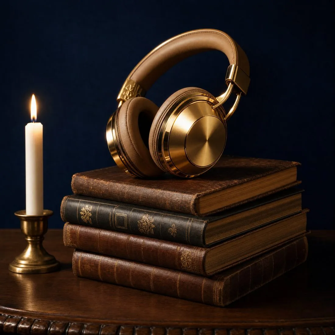 Fones de ouvido dourados sobre uma pilha de livros antigos, ao lado de uma vela acesa