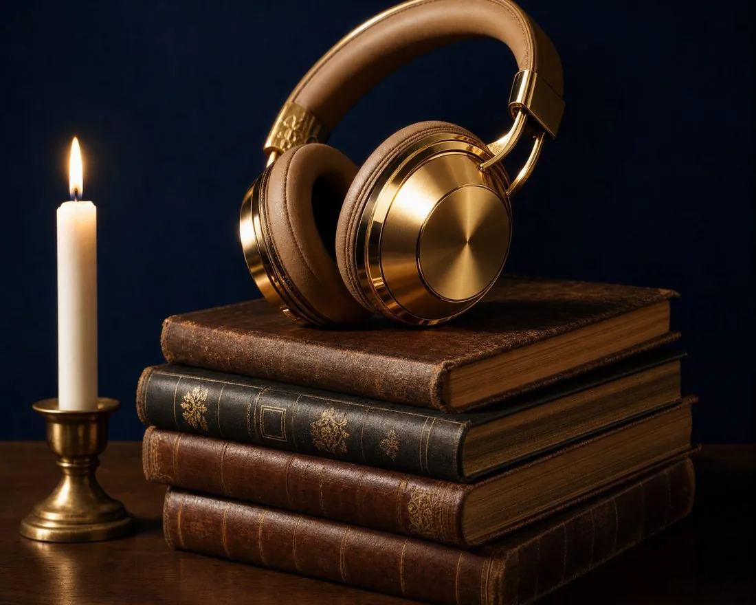 Fones de ouvido sobre livros antigos, à luz de uma vela