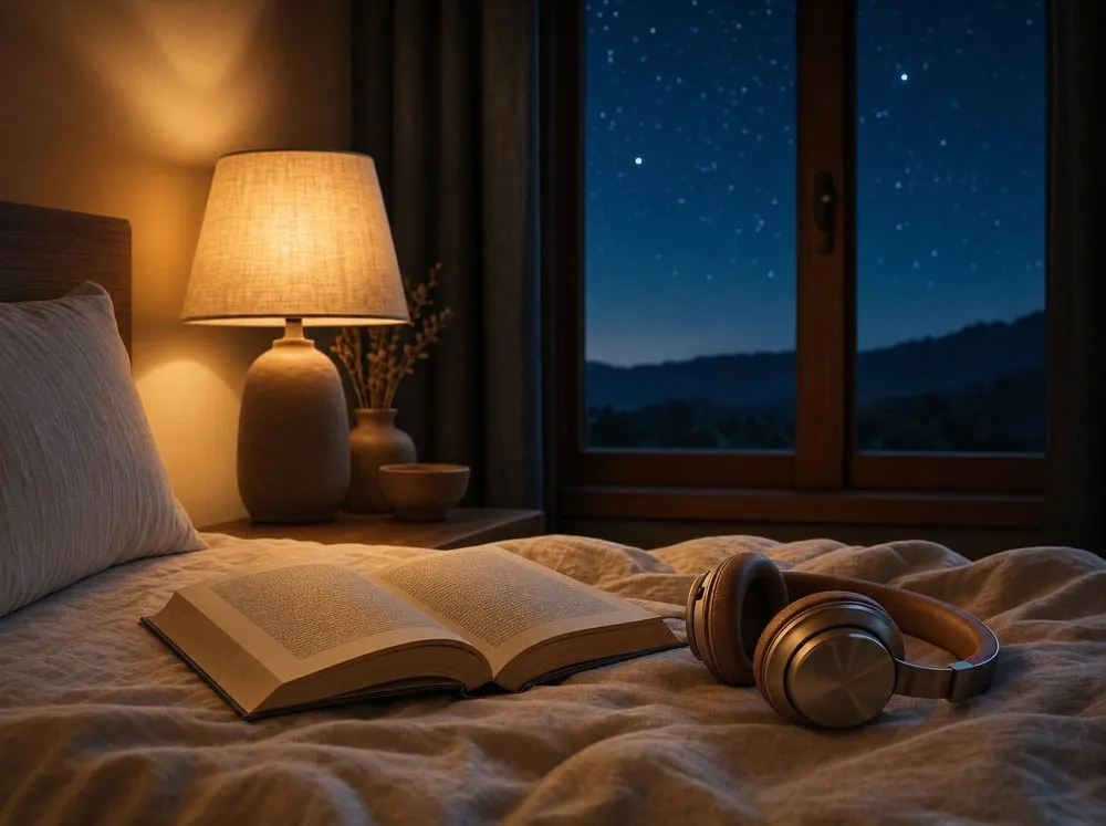 Livro aberto e fones de ouvido sobre a cama, com o abajur aceso à noite